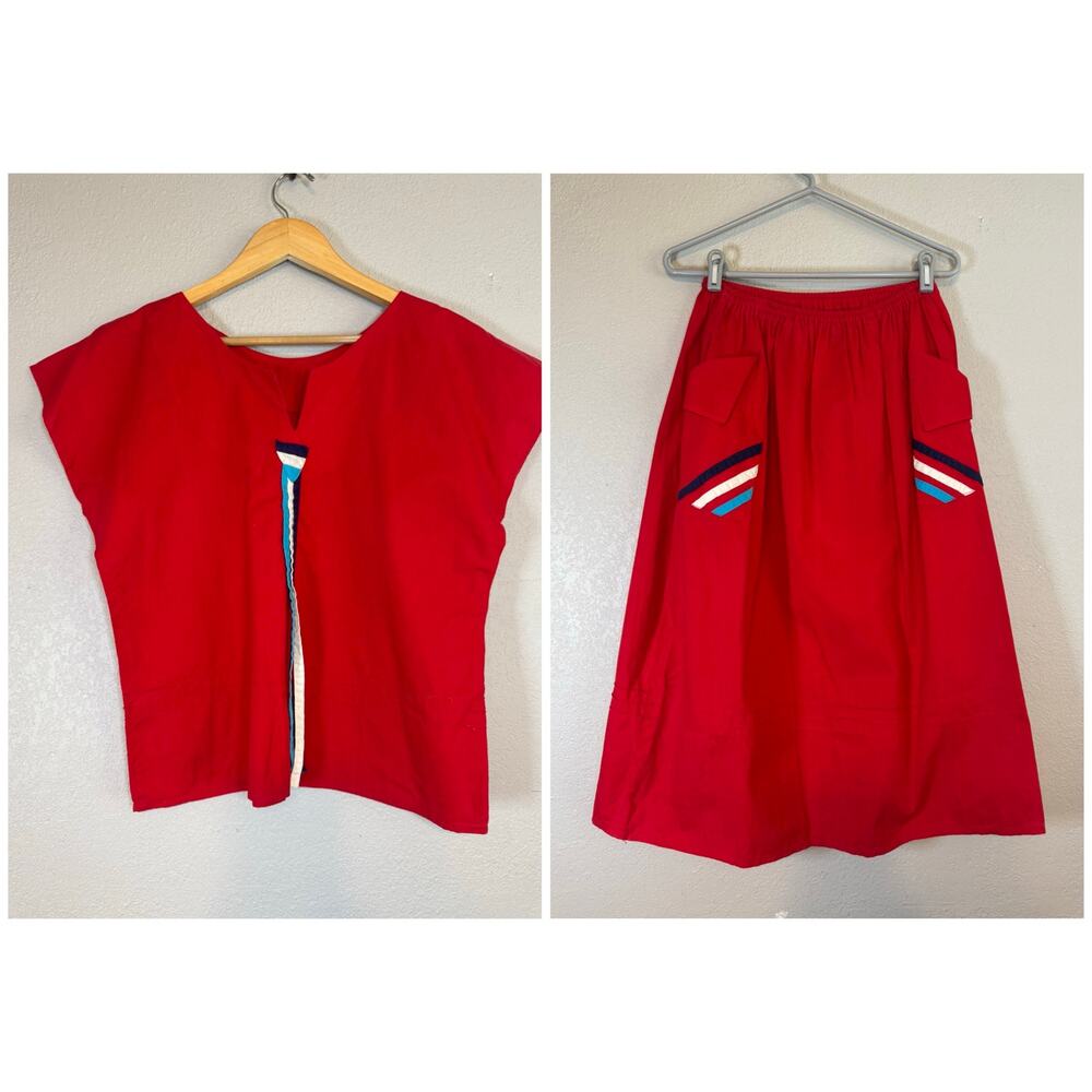 Vintage Retro Tenniscore Outfit Small Red Blouse Midi Skirt Handmade Sporty